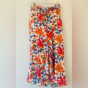 Floral Wide Leg Crop Pants - Beaded Tassel Belt Linen Blend Resort NWOT